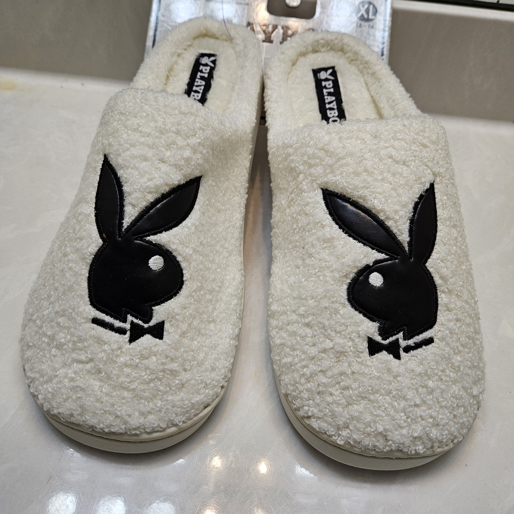 PLAYBOY Cream and Black Fuzzy Slippers